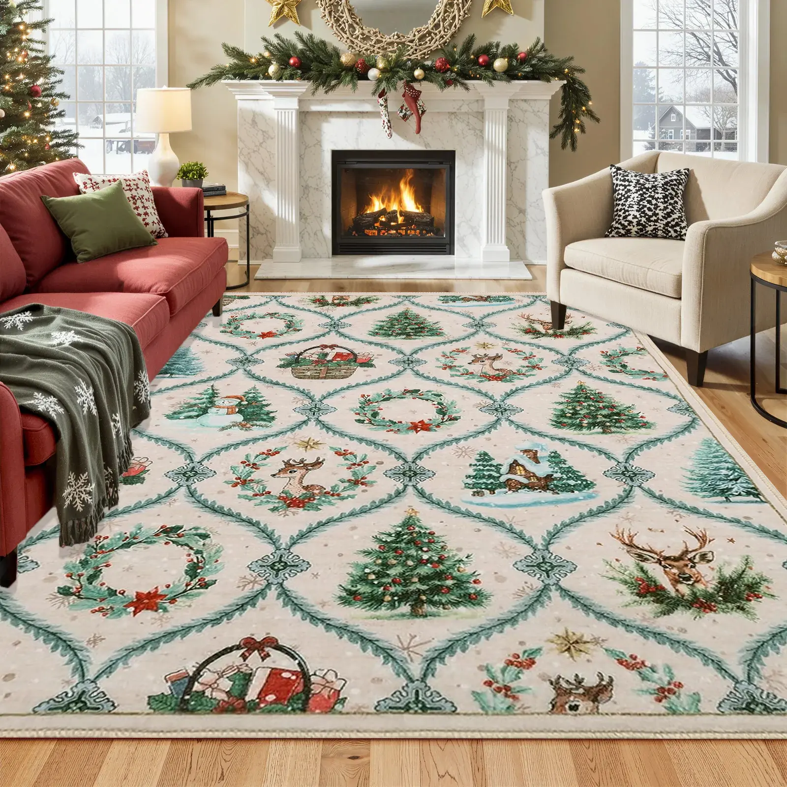 Large Christmas Theme Home Decor Rug, Boho Area Rug, Bohemian Style Tree Reindeer Design, Non-Slip Washable Soft Carpet for Living Room Bedroom Office, Washable Floor Rug