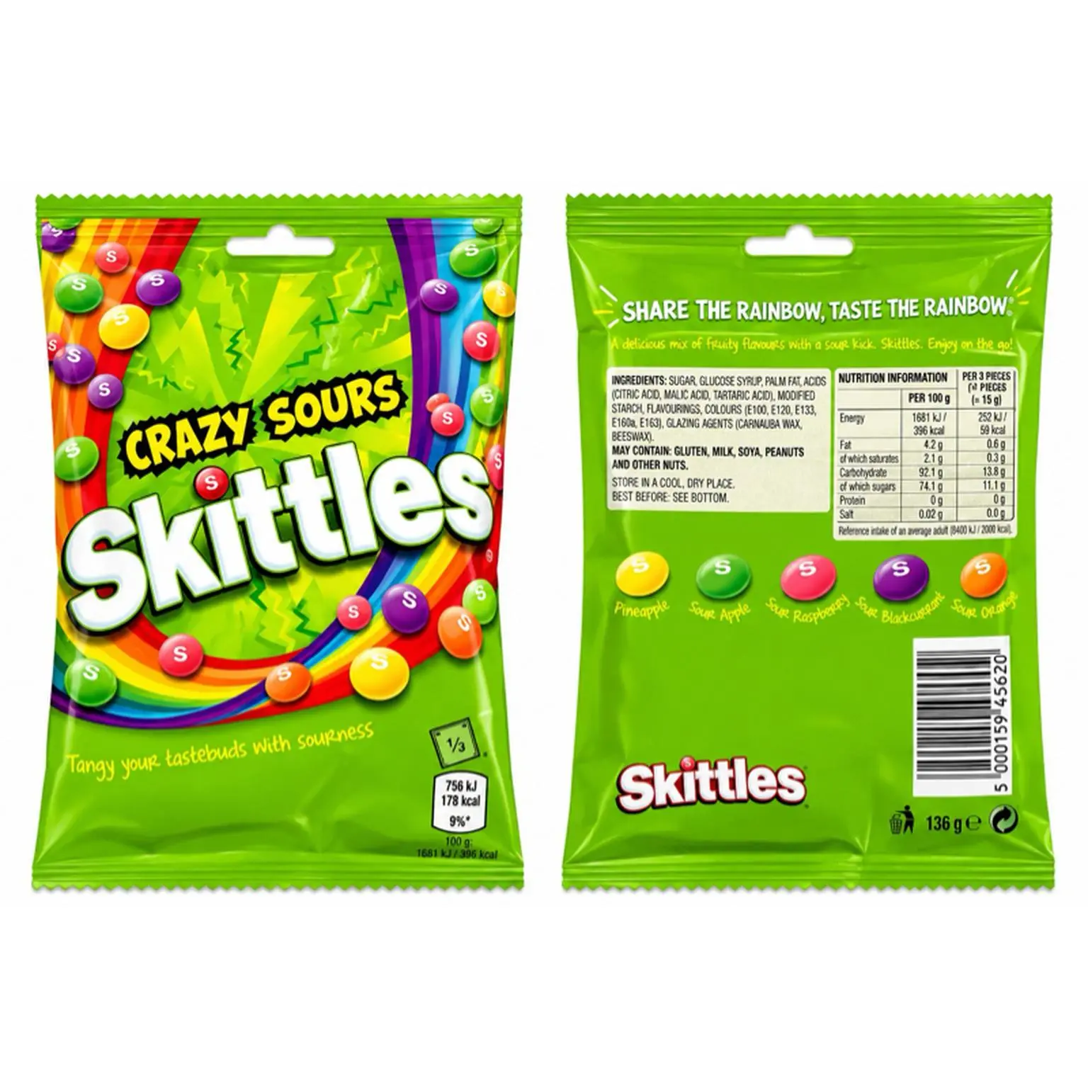 Skittles CRAZY SOURS Imported UK Exotic Candy - Tangy Taste with Sweetness - 136g Bag - Perfect for Sharing the Rainbow