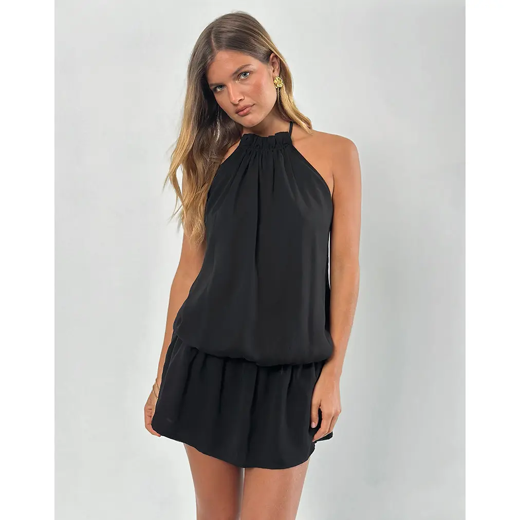 MOTEL Veloria Halterneck Mini Dress in Black Chiffon with Lining, Fabric, Drop