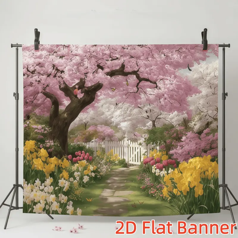 1PC,2D Flat ize Backdrop Spring Cherry Blossom Garden Decorative Backdrop, Festival Atmosphere Creation Background Curtain, Garden Path Flowers & Butterflies Scene Backdrop, Party Photography Dec, Banners, Polyester