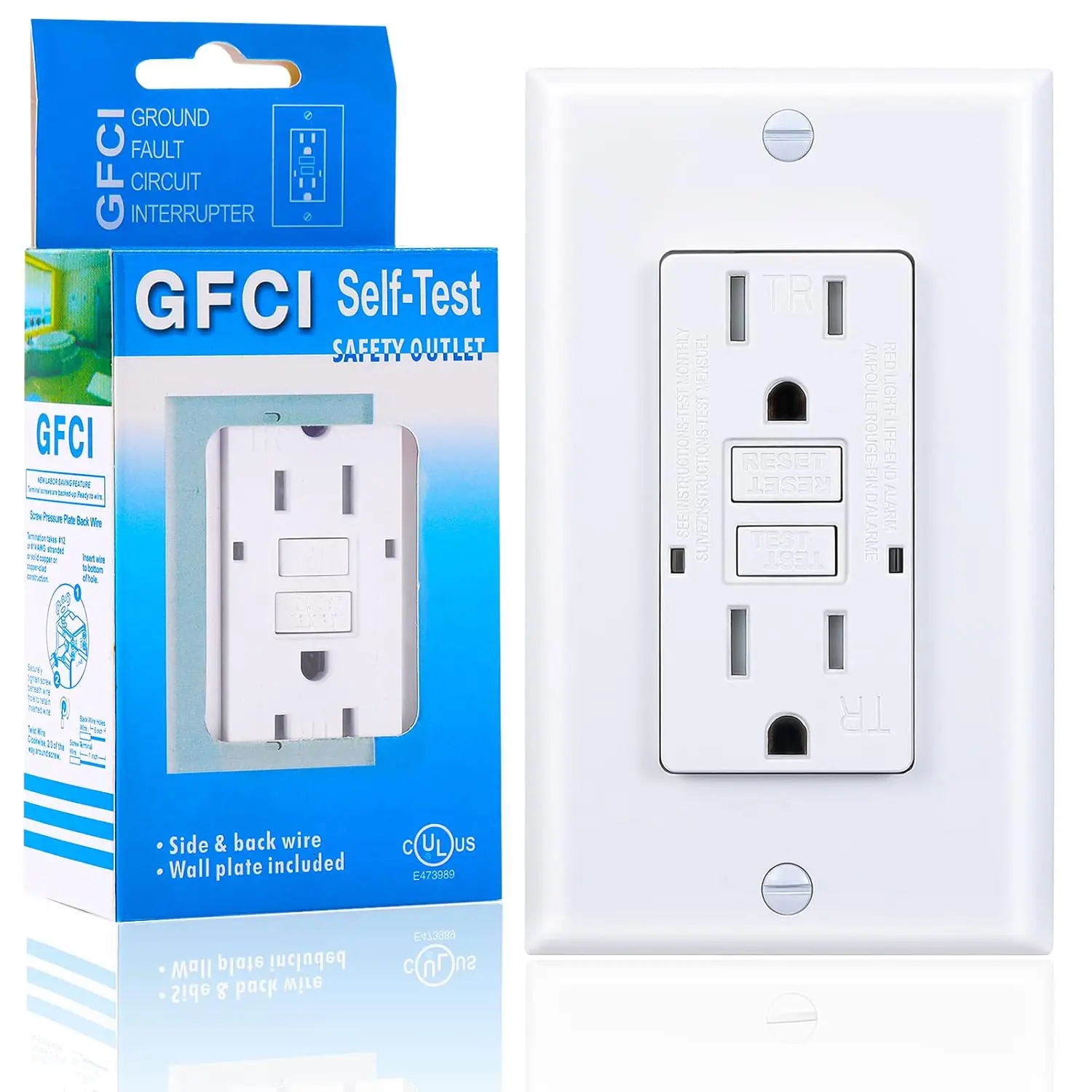 3grace 15/20 A Tamper-Resistant GFCI Outlet Receptacle, 125 V Self-Test Ground Fault Circuit Interrupter with LED Indicator, Back & Side Wiring, Decorator Wall Plates & Screws Included, UL Listed, White, 125 Volt