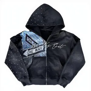 Men's Y2K Hoodie - American-European Instagram-Trendy Multi-Color Rhinestone Letter Print, Loose-Fitting Fashionable Pullover, Casual Menswear Joggers Ripped Sweatshirt Top