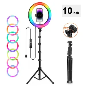 UEGOGO 10" RGB Ring Light with 63" Multipurpose Tripod, Dual Phone Mount, USB Power, 3 Color Modes + RGB Effects – Mobile/Cellphone/Smartphone Selfie Accessory for Streaming, Filming Setup