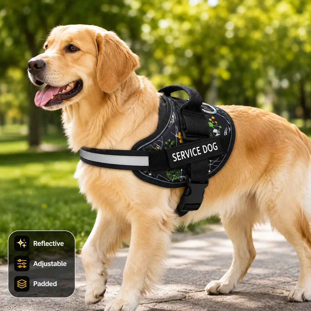 Reflective Service Dog Basic Halter Harness - Adjustable No-Pull Pet Vest with Soft Padding, Top Handle, Durable Metal D-Ring, Quick-Release Buckle, Detachable Graphic Patch for Small/Medium/Large Dogs - Hand Wash Only collar goals easy walk