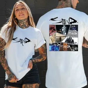 Women's Staind Tour 2026 Rock Concert Cotton Tops - Classic Stylish Short-Sleeve Relaxed Fit Casual Tee, Streetwear, Vintage Fabric, Front Logo, Back Album Collage Print, Unisex Music Fan Top