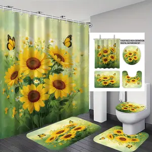4Pcs Spring Sunflower Shower Curtain Set with Non Slip Rugs, Toilet Lid Cover and U-Shape Bath Mat,  Bathroom Decor Spring Bathroom Set,SunflowerShower Curtains with 12 Hooks, Bathroom Decoration Accessories