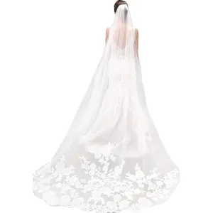 White Ivory Wedding Veils Lace Edge Cathedral Length Wedding Bridal Veil with Comb for Women, 118 Inches