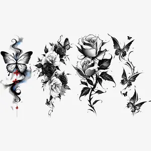4 Sheets Dark Butterfly & Rose Tattoo Stickers, Waterproof Durable Temporary Tattoos, Elegant Floral Design, Unisex Body Art Decorations