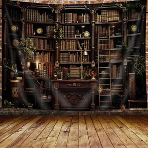 Vintage Gothic Bookshelf Tapestry, Medieval Witchy Library Book Tapestry Wall Hanging for Men Bedroom, Cool Black Victorian Tapestries Poster Blanket College Dorm Home Decor 90X70Inches