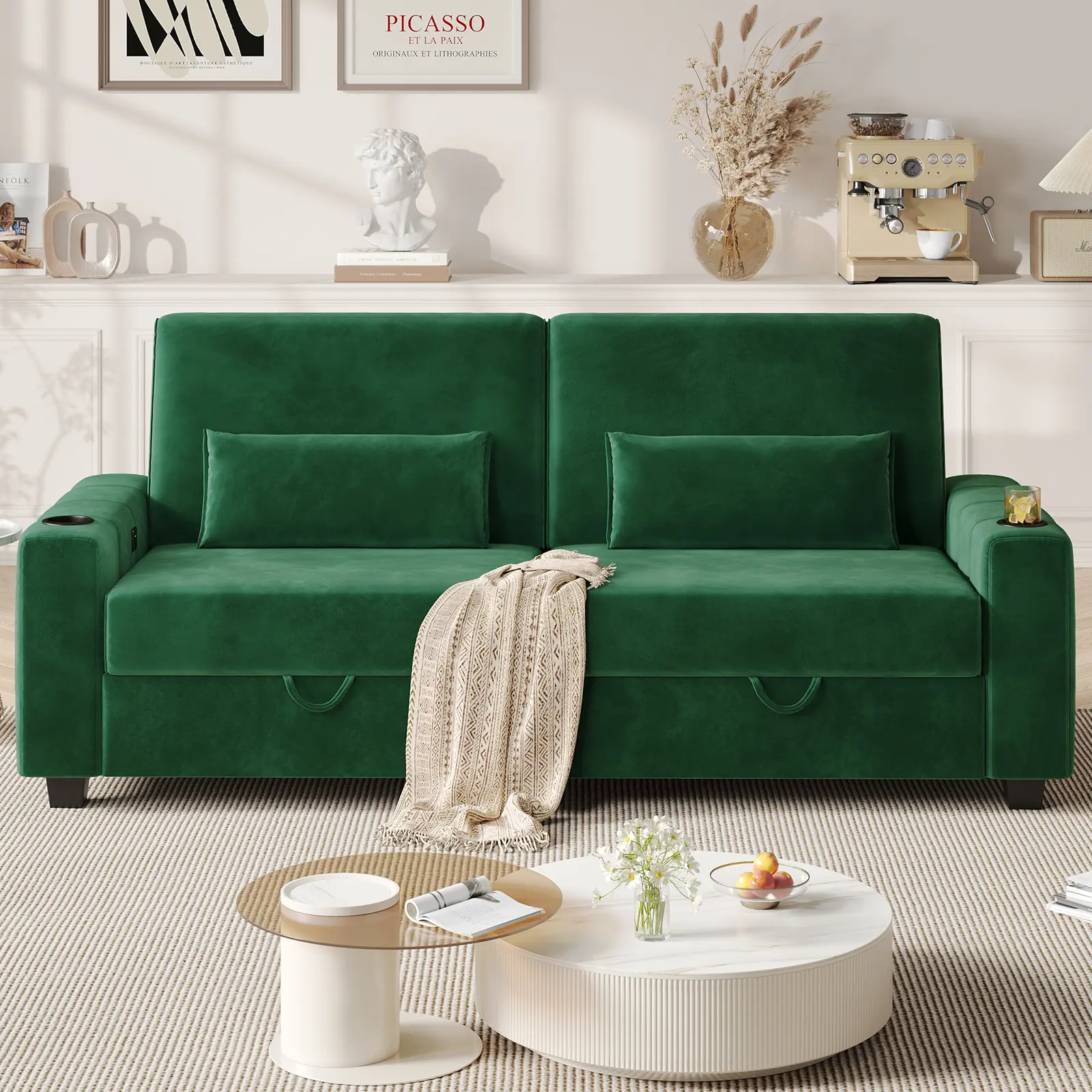 88 Inch Larger Couch Velvet Fabric with Storage, Charging Ports, Heightened Backrests, Removable Cover Modern Comfy Couches Easy Assembly for Living Room