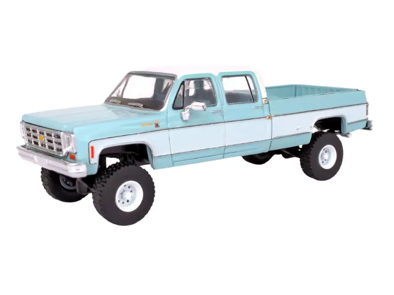 1978 Chevrolet Silverado K30 Crew Cab Fleetside Lifted - Light Blue and Frost White Diecast 1:64 Scale Model - IXO America IA64007