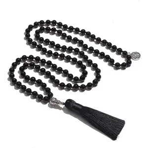 108 Mala Prayer Beads Necklace Natural Stones Meditation Yoga Jewery 108 Hand Knotted Japa Mala Beaded Long Tassel Necklace with Tree of Life Pendant for Men and Women