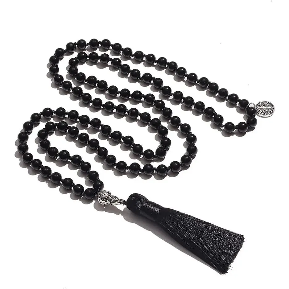 Unisex 108 Sacred Number Natural Stone Mala Prayer Beads Necklace, 110cm Hand-Knotted Japa Mala with Tree of Life Pendant, Long Tassel Meditation Yoga Costume Jewelry