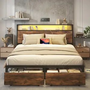 Rustic Grey Metal Bed Frame With Storage Drawers, 2-Tier Storage Headboard Platform Bed With USB Charging Station And LED Lights, Noise Free Queen Full Size Bed Frame No Box Spring Needed For Bedroom Decor