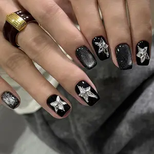 Star Pattern Fake Nail, 30pcs/set Short Square Press on Nails with Nail File & Tape, Removable False Nails, Removable Nail Art Artificial Full Cover, Women Girls DIY Manicure, Star Pattern Rhinestones