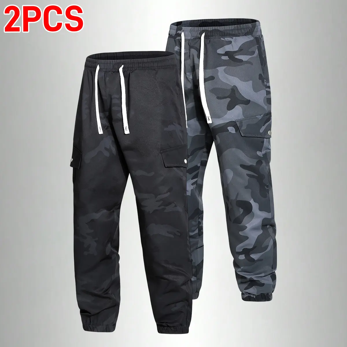 2PCS Men’s Camouflage Cargo Pants, lightweight quick-on beige pants with simple pockets for men, spring/summer casual fashion cargo pants, unisex loose camouflage pants, lightweight outdoor hiking pants, loose casual Gorpcore streetwear pants, all-season