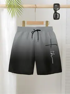 Boys Street Style Shorts, 3D Full Print Gradient Line Drawstring Casual Pants, Summer Slim-Fitting Short Clothing