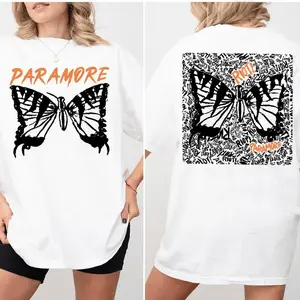 Paramore Butterfly T-Shirt, Two Side Doodles Shirt, Fashion Graphic Casual Tee, Short Sleeve Crewneck Cotton Top