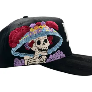 La Catrina Dia de los Muertos Black Hat with Embroidered Skeleton and Floral Design for Festive Wear