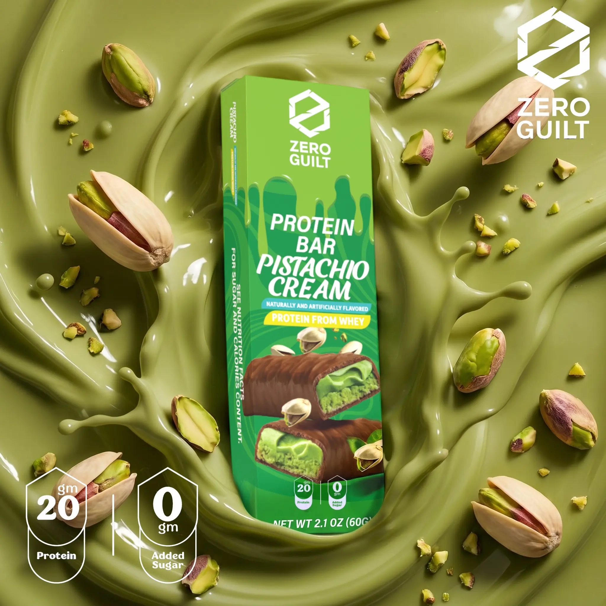 ZERO GUILT Pistachio Cream 20G Protein Bar, ZERO Added Sugar, 60g Net Weight - 12 Pack