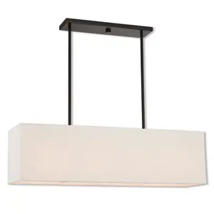 8.5 inch 4 Light English Bronze Linear Chandelier with Hand Crafted Oatmeal Color Fabric Outside & White Fabric Inside Hardback Shade