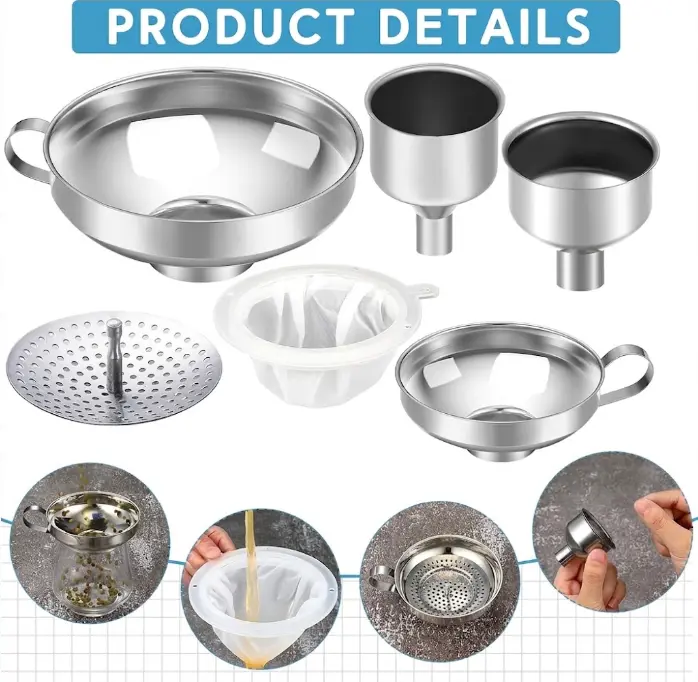 Stainless Steel Funnel Set with Filters and Strainers for Kitchen Use - Durable and Versatile Cooking Accessories