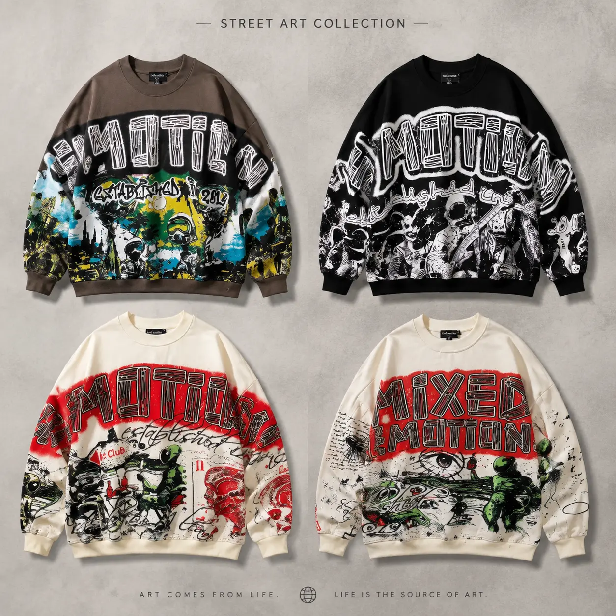 MIXED EMOTION Alien Graphic Sweatshirt, Y2K Streetwear Oversized Crewneck Pullover for Men Women, Vintage Hip Hop Art Print Long Sleeve Casual Sweatshirt Fall Winter Unisex