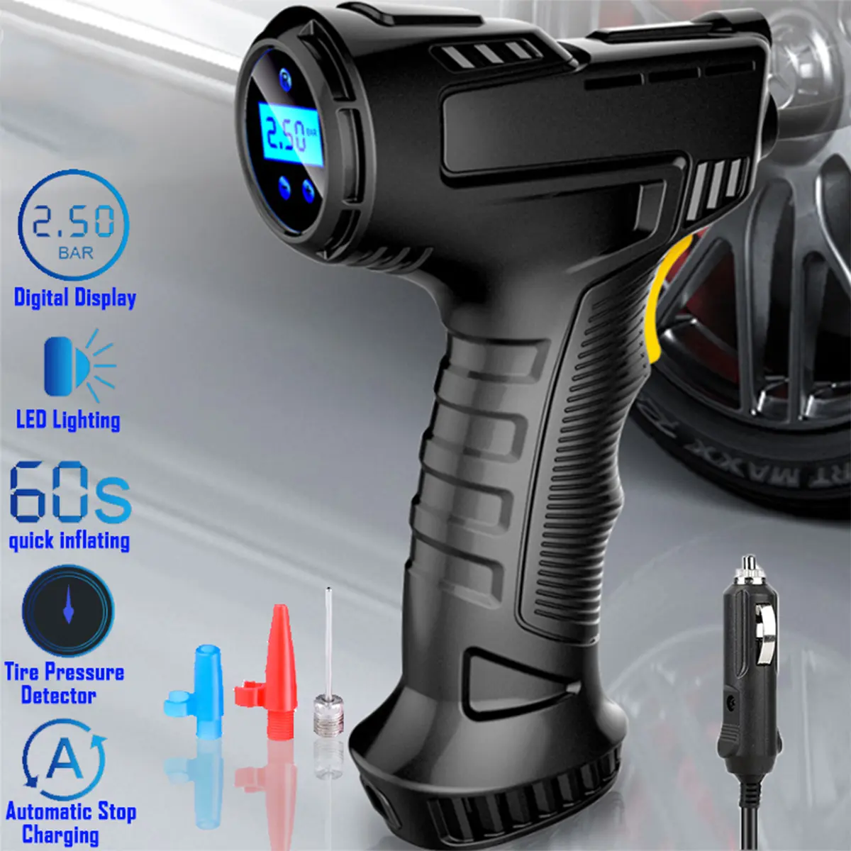 Vehicle Tire Inflator Car Tire Pump, 150PSI Max Pressure Corded Plug-in Tool - 20L/min Fast Inflation Automotive Accessory with LED Digital Readout, Auto Shut-Off, Emergency Repair Function, Car Tire Pumps