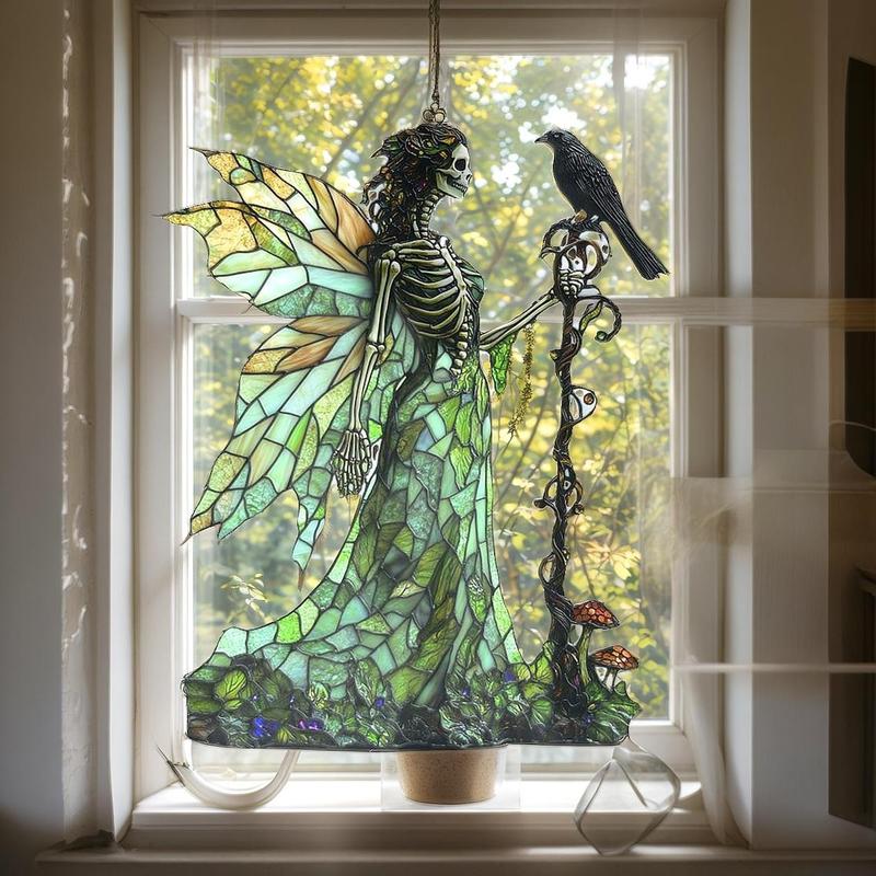 Gothic Skeleton Fairy Acrylic Suncatcher Green Raven Witch Faux Stained Glass Halloween Gift for Witchy Decor & Dark Academia Style