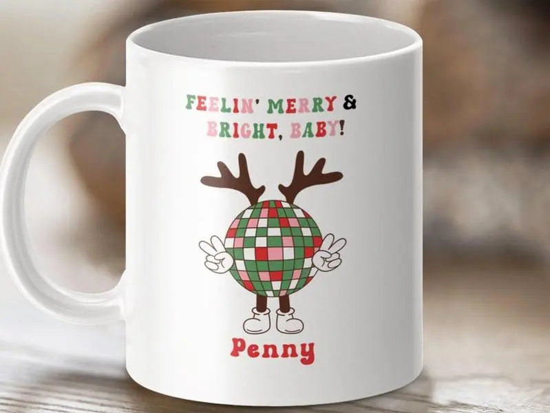 Groovy Christmas Mug, Custom Name Novelty Gift, Cute Holiday Mug, Christmas Decor, Festive Drinkware, Reindeer Coffee Mug