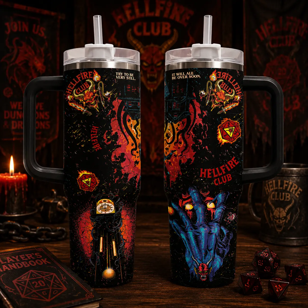Stranger Things Hellfire Club 40oz Insulated Stainless Steel Water Bottle, Portable Travel Mug with Handle, Straw & Lid, Dungeons & Dragons Inspired Gothic Graphic Cup, Fan Gift