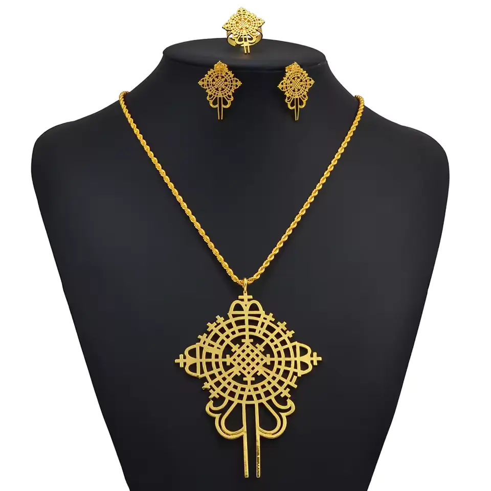 Rare Ethiopian Eritrean Aksum Cross Necklace Jewelry Set | Tsion Choker with Matching Earrings & Ring (24KGP) Axum Meskel  | Roots Gold Jewelry Set Gold Chain Set