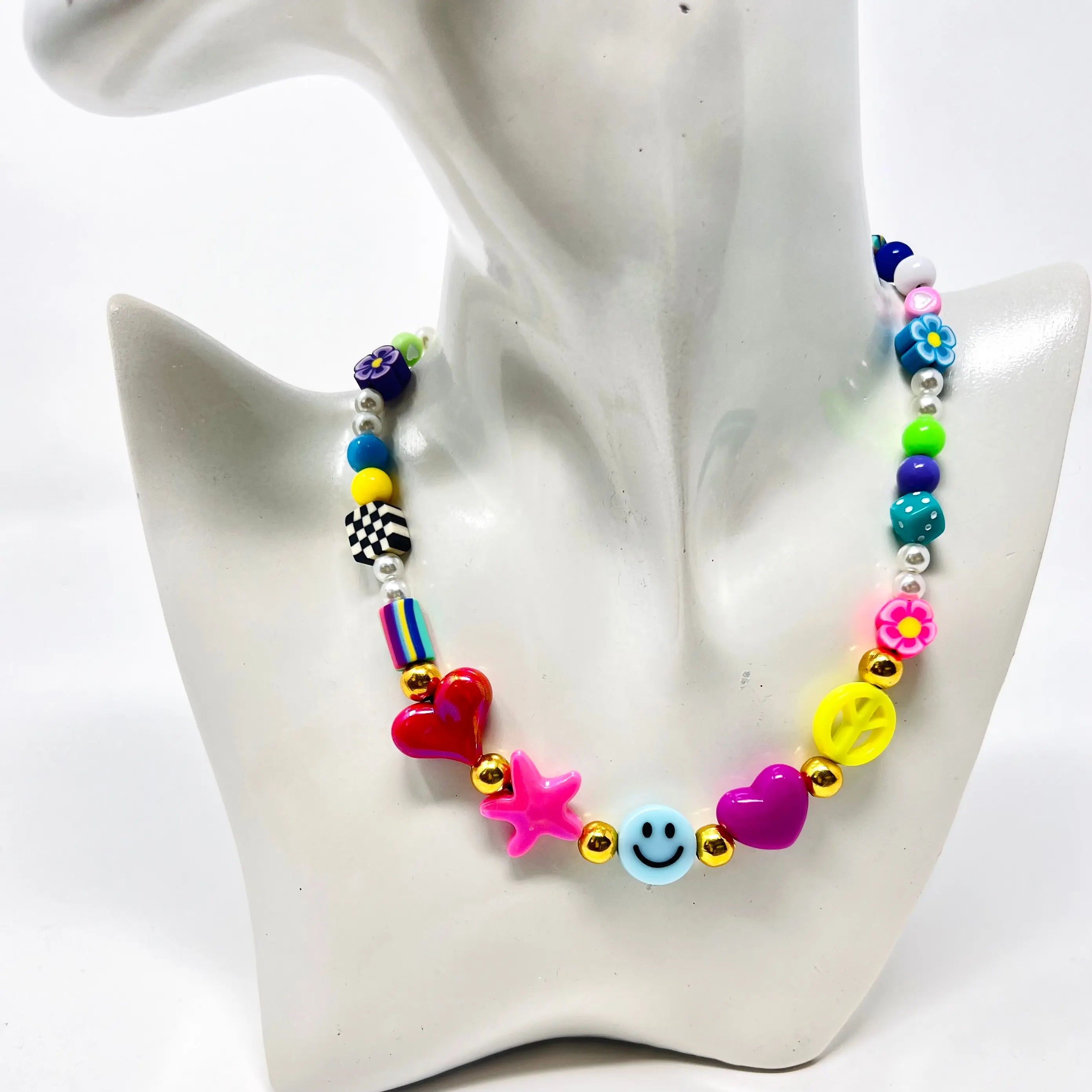 Colorful Bead Necklace Y2k Daisy Flower Chunky Beaded Adjustable 14-35 Inches Synthetic Leather Nylon Cord Acrylic Gold Plated Clay Pearls
