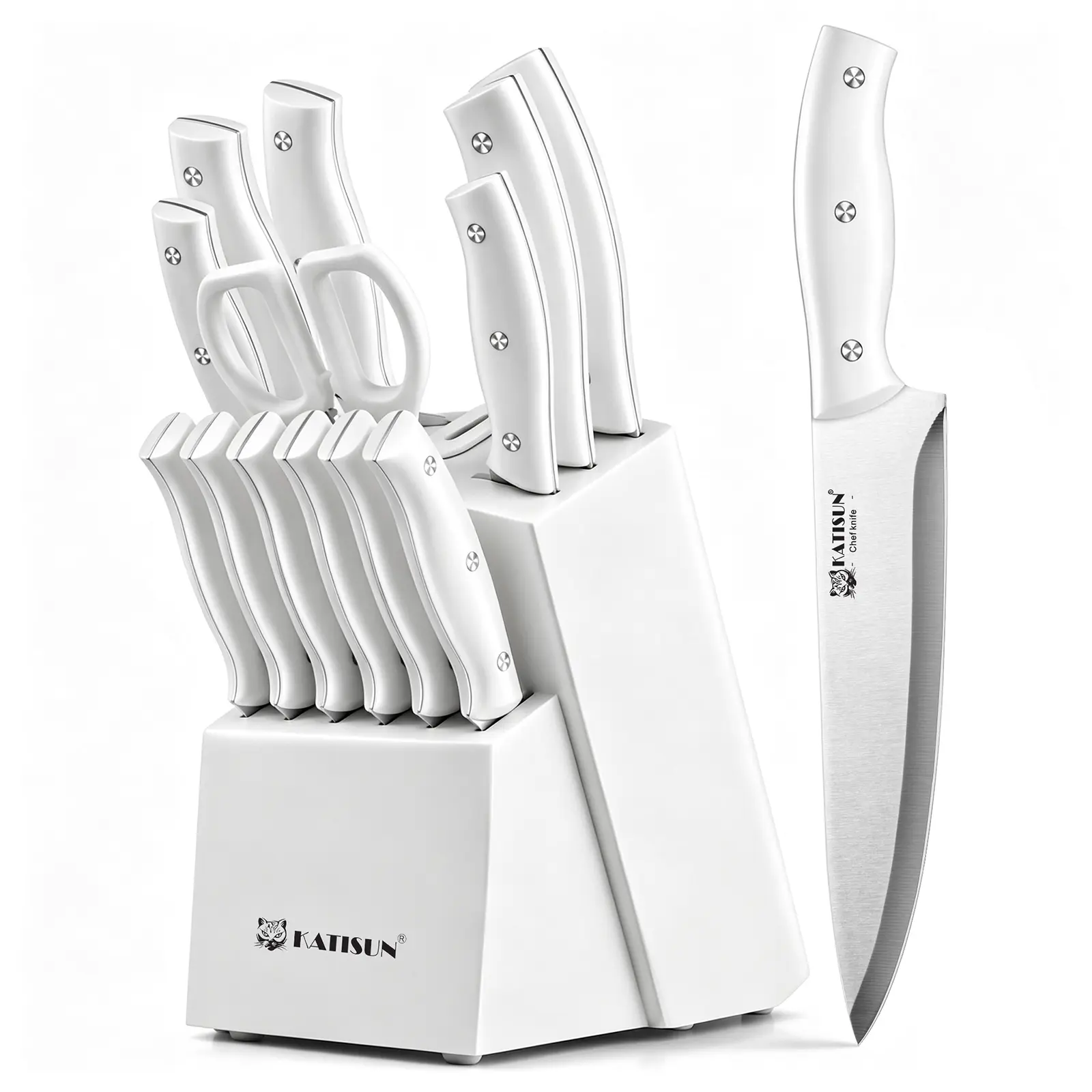 15-Piece Kitchen Knife Block Set with Built-in Sharpener, High Carbon Stainless Steel Knives, Triple-Riveted Handles, Dishwasher Safe, White, Christmas Gift, Black Friday Deal