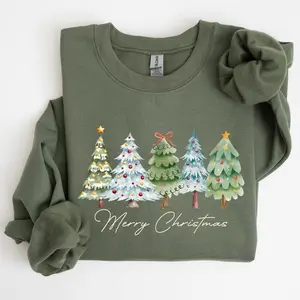 Merry Christmas, Tree, Colorful, Winter, Santa Sweatshirt, Crew Neck, Women's, Crewneck