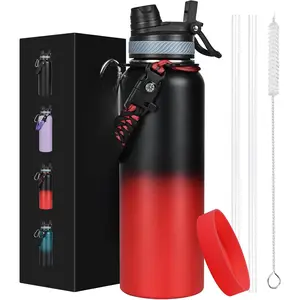 40 oz Insulated Water Bottle with Straw& Spout 2-in-1 Lid, Triple Wall Vacuum Stainless Steel Cold 48H, Leak Proof  Metal Flask Jug with Paracord Handle, Black Red