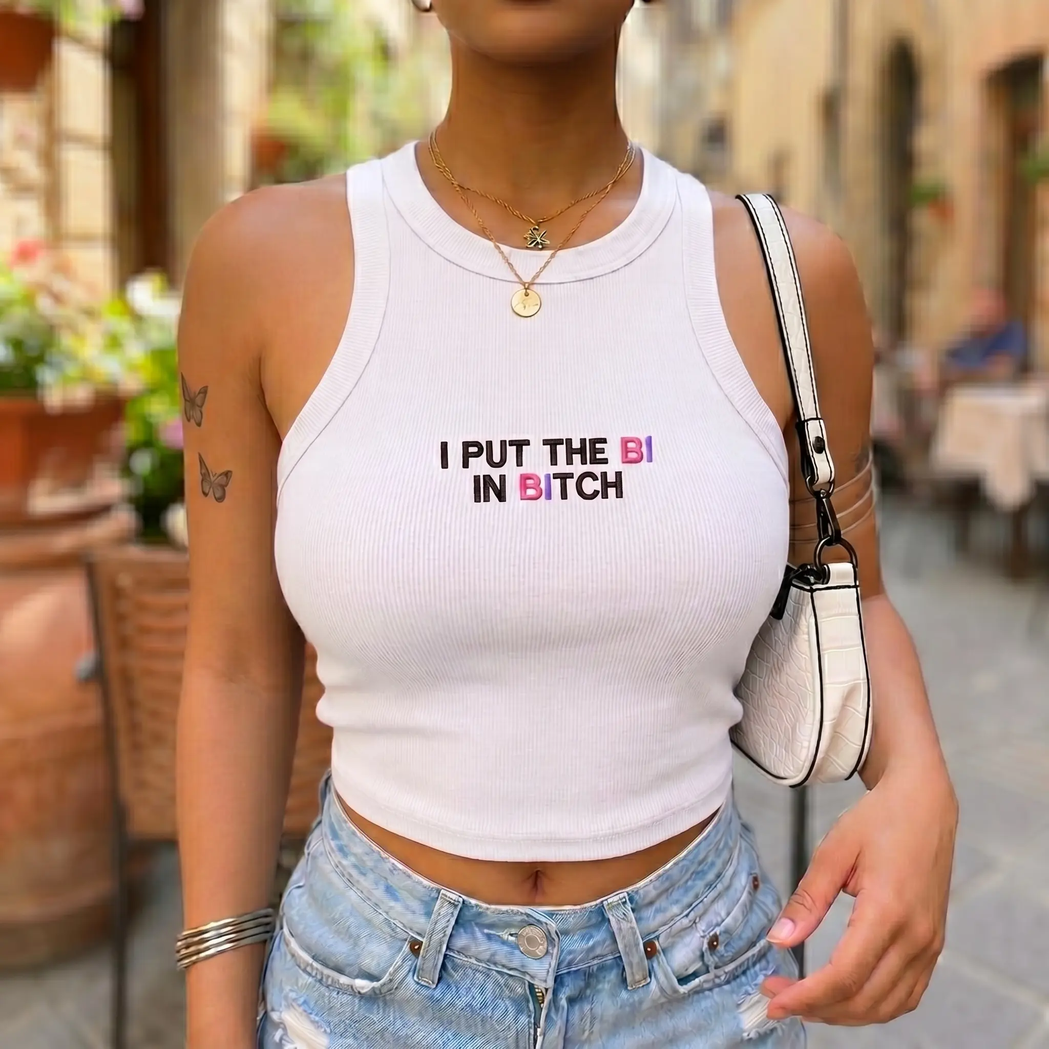 Embroidered I Put The BI In Bitch Tank Top, Bisexual Pride Racerback Tank, LGBTQ Embroidered Cami, Y2K Pride Outfit, Spaghetti Strap Tank Top, Pride Month Apparel, Gift for Her