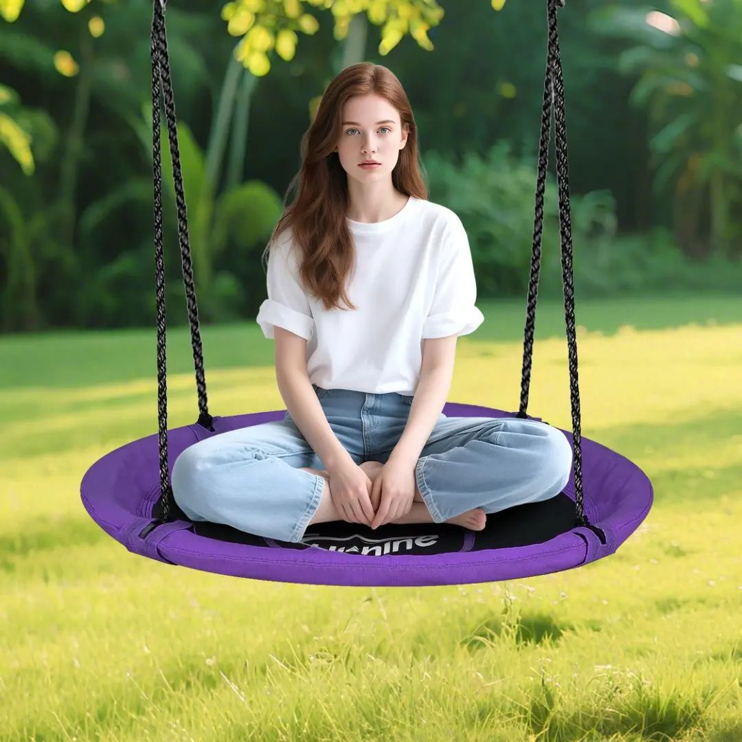 43" Round Hanging Saucer Swing, Waterproof Outdoor Hanging Leisure Swing with 360° Swivel, Adjustable Ropes & Hanging Straps, Backyard Camping Suspended Round Mat Fits Adults