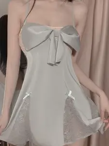 Women's Large Bowknot Halter Strap Sleep Dress, Mesh Patch Flowy Skirt, Casual Home Wear Pajamas, All Seasons Comfortable Nightgown, Womenswear