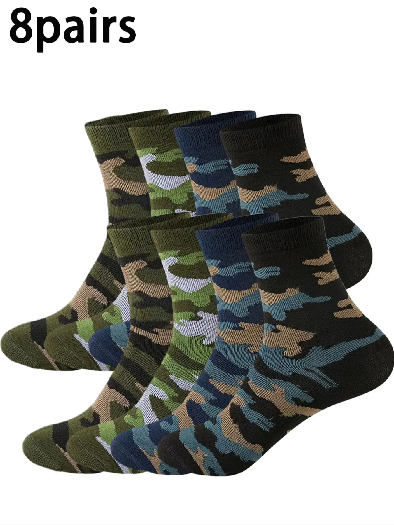 8-pair pack of camouflage-style men's athletic mid-calf socks, with geometric patterns, ribbed cuffs, suitable for all seasons, ideal for daily wear, casual socks, perfect for outdoor enthusiasts, Casual Stylish Socks, Sock Sets, Socks Pairs
