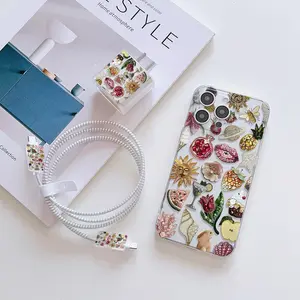 6 Piece Set Transparent Peony Print Beaded Phone Case, Charger Head Cover, Cable Protector, Storage Rope, Data Line Protection, iPhone 6-17 Pro Max
