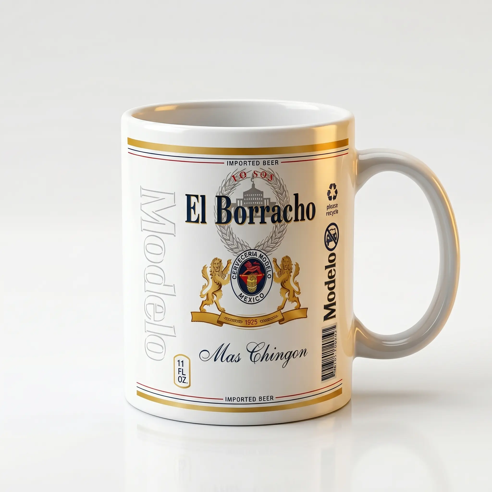 El Borracho Mas Chingon Ceramic Mug 11oz, Classic Golden Lion Mexican Beer Inspired Coffee Cup, Funny Spanish Novelty Mug for Taco Night, Father's Day & Latino Party Gift