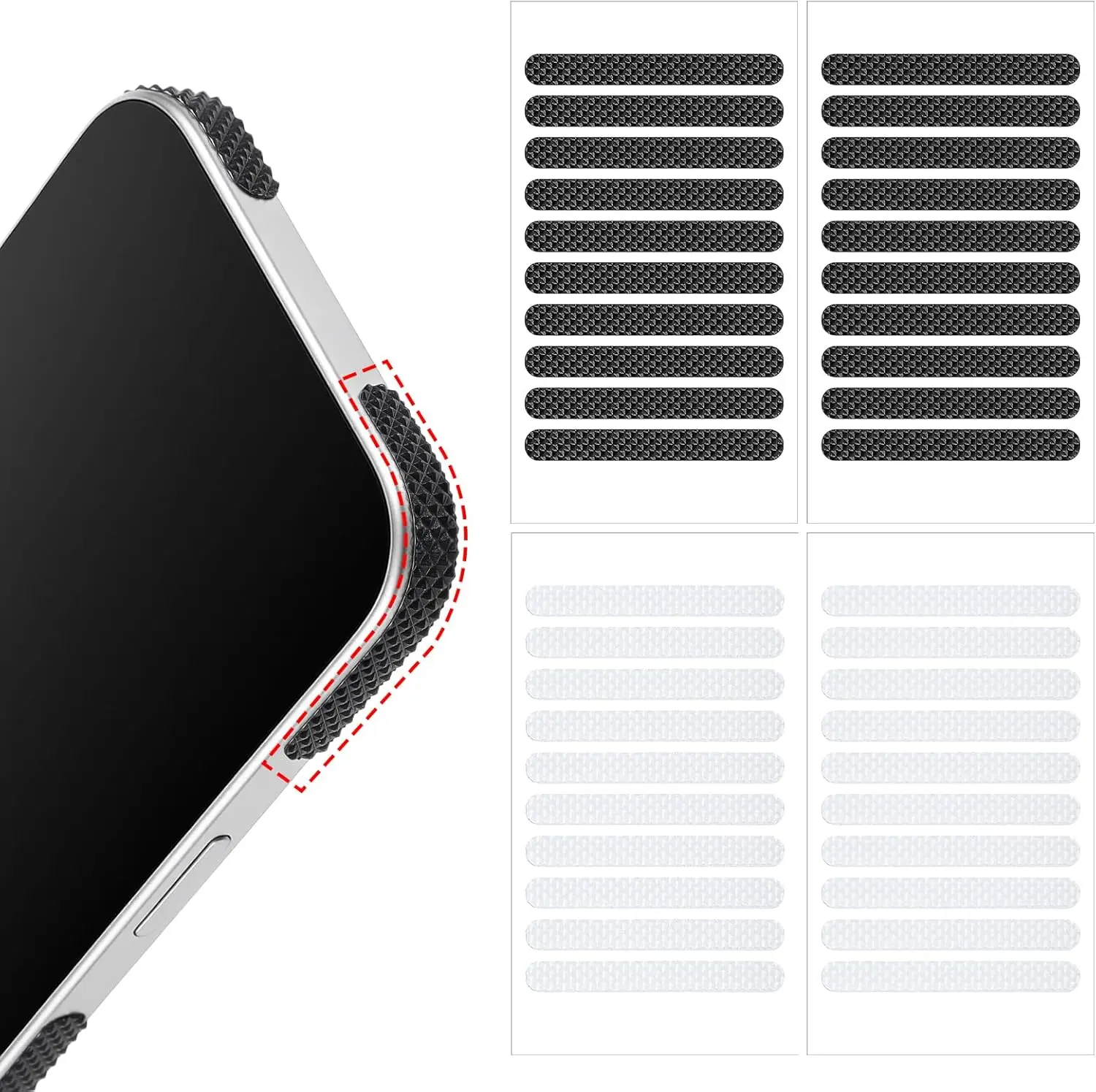40 Pcs Cell Phone Grip Tape Strips Non Slip Side Sticker Adhesive Grippy Bumper Frame Stickers Waterproof Pre-Cut Strips Decal for Phone Case Computer Gaming Cases Smartphone Tablet Frame