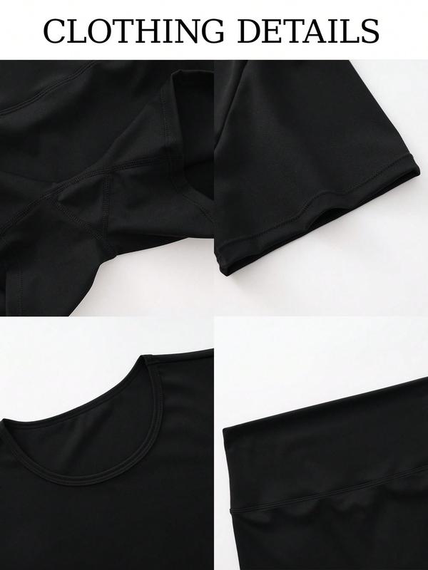 2 Piece Set Of Women's Solid Color Round Neck T-Shirt, High Waisted Cycling Shorts Sports Suit, Tight Short