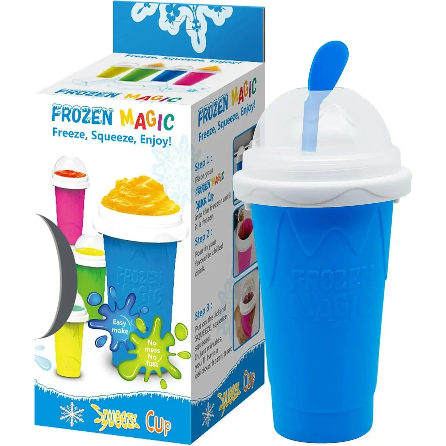 Kitchen Quick-Freeze Slushy Maker Cup - Milk, Cola, Juice Squeeze Cup with Lids and Straws for All Ages (Blue)