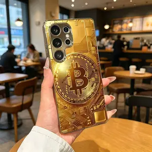Gold Bitcoin Circuit Pattern Phone Case for Samsung Galaxy Note 10/Galaxy Note 10 Plus/Galaxy Note 20/Galaxy Note 20 Ultra/Galaxy Note 8/Galaxy Note 9/Galaxy S8 Plus/Galaxy S9 Plus/Galaxy S10/Galaxy S10 Plus Light luxury gold glass texture phone case