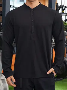 Men's Waffle Henry Collar Shirt, Long Sleeve Button-Up Casual T-Shirt, Breathable Slim Fit Sports Top, Ideal for Gym and Daily Wear