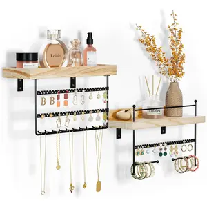 Hanging Jewelry Organizer Wall Mount with Earrings, Bracelets, Necklaces Hooks - Easy Install Free Combination Jewelry Holder for Wall Bathroom - Set of 2, Black