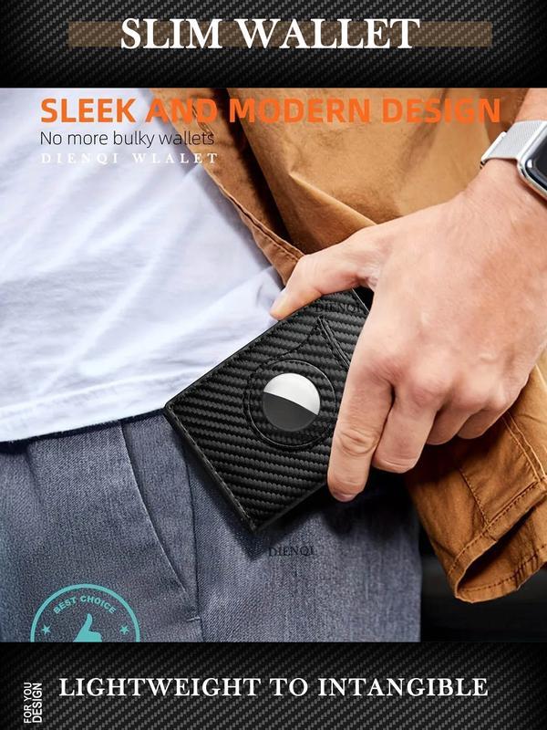 Rfid Men's Wallet with Airtag Holder, Slim Carbon Fiber Credit Card Case, Anti-Theft, Multi-Card Slots, Zipper Coin Pocket
