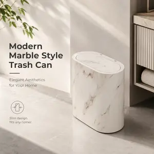A beautiful, slim marble-patterned trash can; a space-saving oval shape with a pop-out lid; suitable for modern bathroom and living room decor.